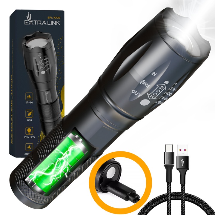 Фенер с micro USB зареждане, Extralink, EFL-1031, 10W, 400lm, черен