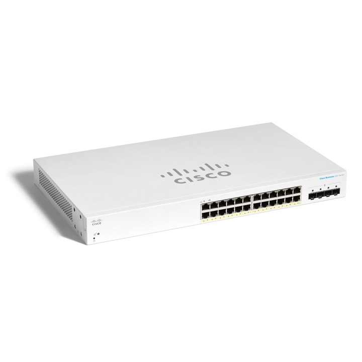 Kapcsoló, Cisco, CBS220-24P-4X, 24x RJ45, 1000 Mbps, PoE, 4x SFP+, 195 W, fehér
