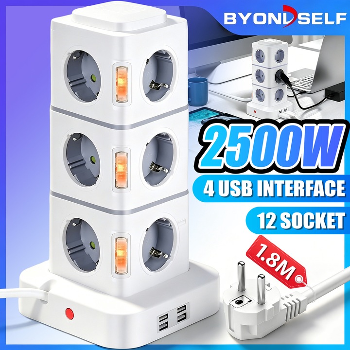 Prelungitor Tip Turn, BYONDSELF®, 4xUSB Porturi/12x Prize de Curent Alternativ, 3 Intrerupator Individuel 2500W, cu Protectie Copii, Protectie Suprasarcina, Protectie Impotriva Supratensiunii, 1.8M, Alb
