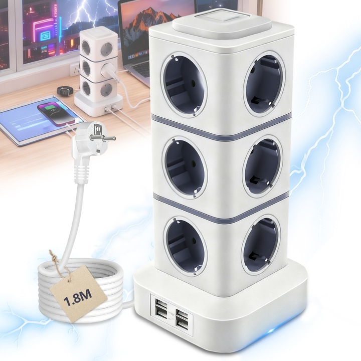 Prelungitor Tip Turn, BYONDSELF®, 4xUSB Porturi/12x Prize de Curent Alternativ, 3 Intrerupator Individuel 2500W, cu Protectie Copii, Protectie Suprasarcina, Protectie Impotriva Supratensiunii, 1.8M, Alb