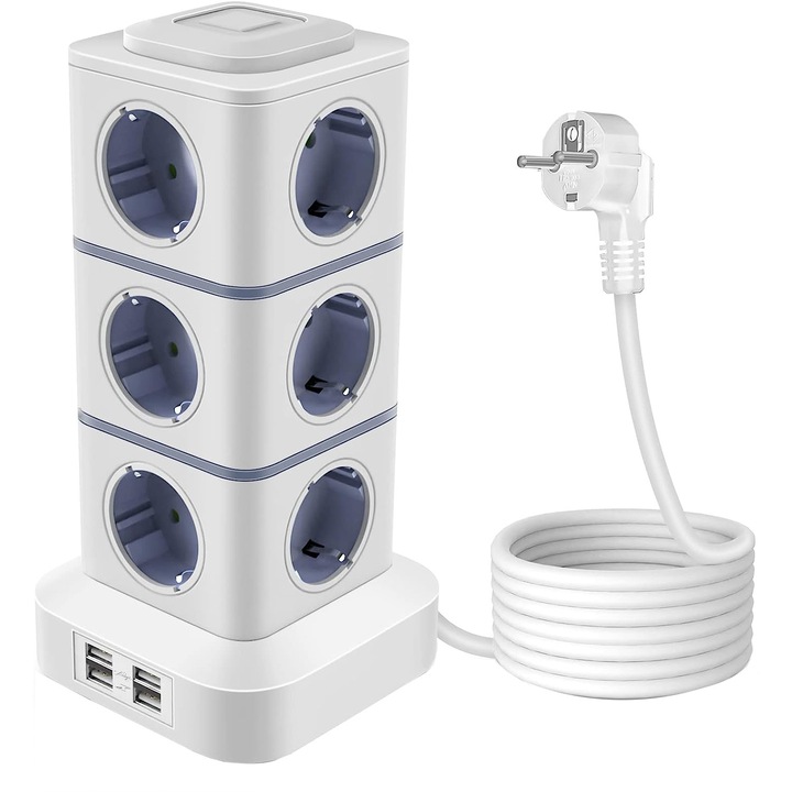 Удължител BYONDSELF®, Тип кула, 4xUSB порта/12x AC контакта, 2500W, 1.8M, Бял