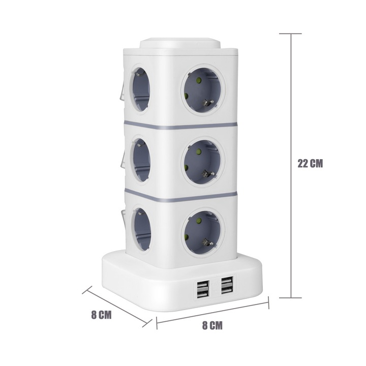 Удължител BYONDSELF®, Тип кула, 4xUSB порта/12x AC контакта, 2500W, 1.8M, Бял