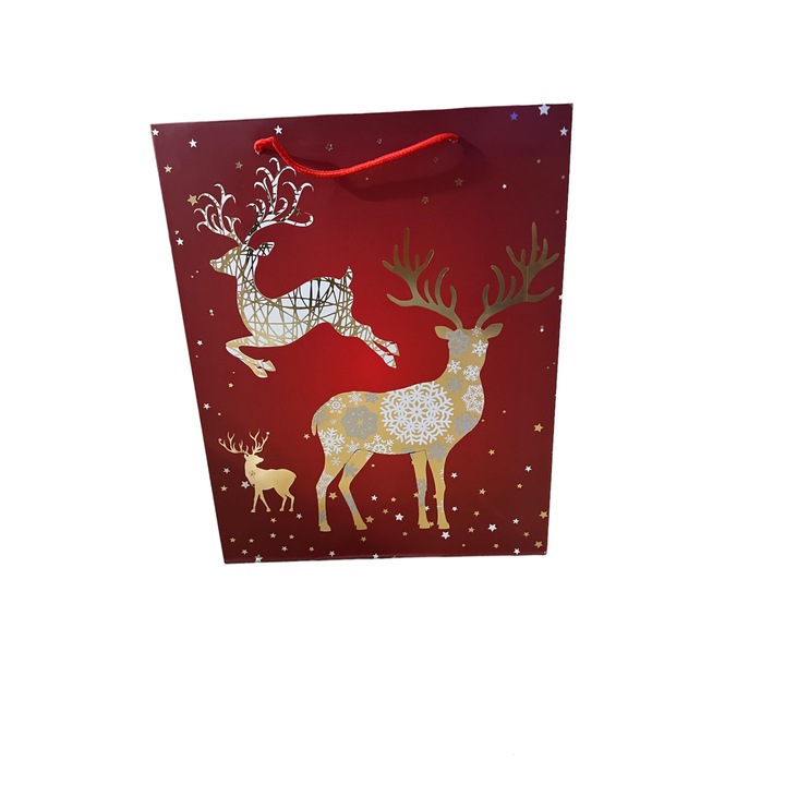 Punga cadou mare, 26 x 32 x 10 cm, multicolor, Meissa, rosu, auriu, sarbatori de iarna, reni