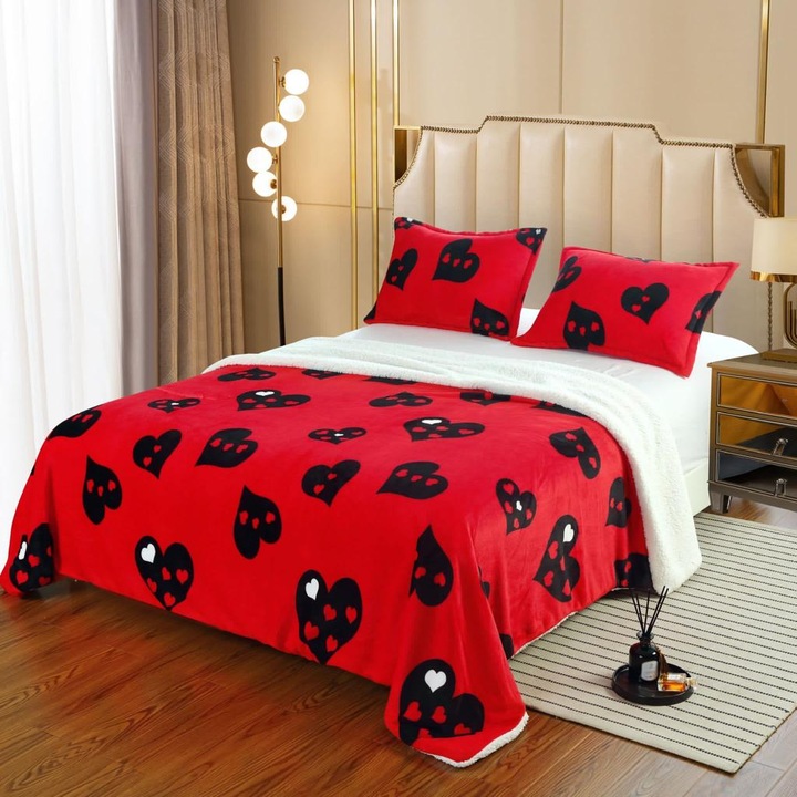 Set Patura Cocolino cu Blanita 3 Piese, 2 Huse de Perna, Casa by Cova Design, 200 x 230cm, Rosu