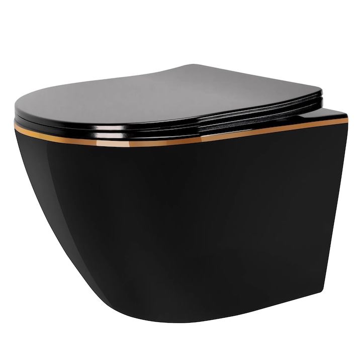 Rea Carlo Mini Flat Black Gold Edge falra szerelhető WC csésze, fekete arany széllel
