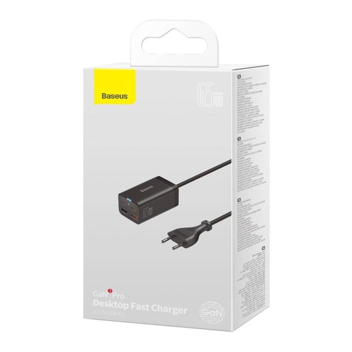 Мрежово зарядно устройство Baseus GaN3 Pro, 2x USB-C, 2x USB, 65W, Черен