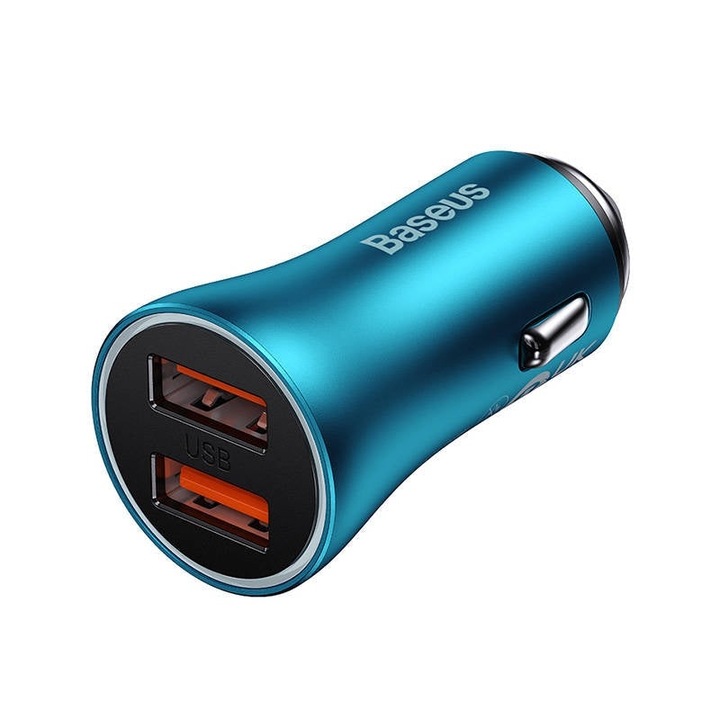 Зарядно устройство за кола Baseus Golden Contactor Max, 2x USB, 60W, синьо