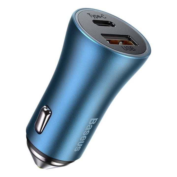 Зарядно устройство за автомобил + Кабел за данни Baseus, USB + USB-C, 40 W, Син