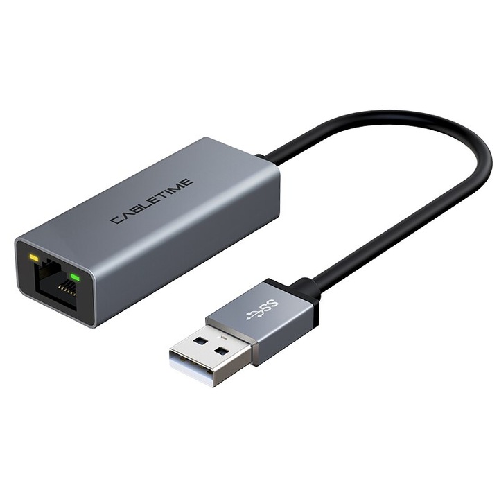 USB 2.0/RJ45 адаптер, CableTime, 100 Mbps, 0,15 m, сив