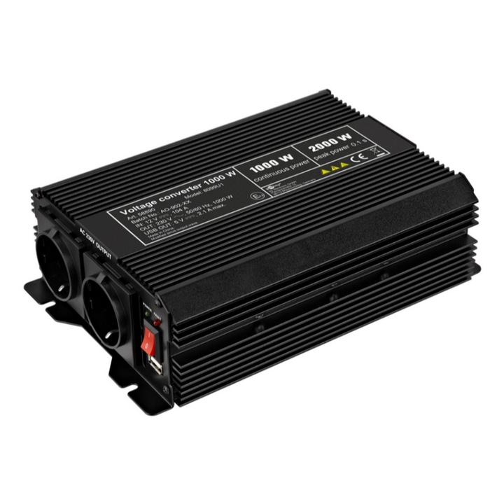 Invertor auto Goobay, 12V la 230V, 1000 W, Negru