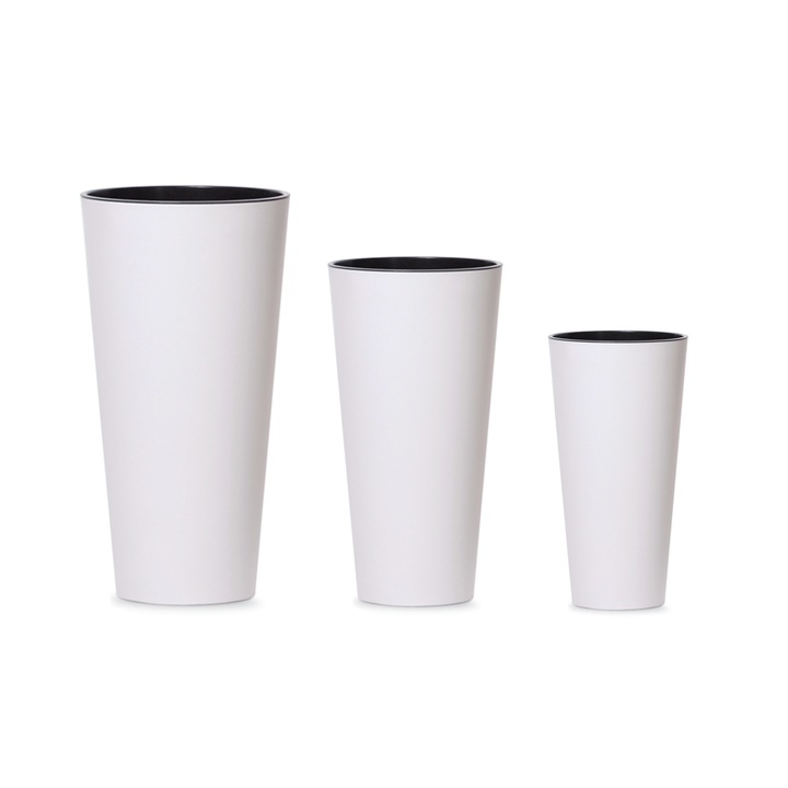 Set 3 ghivece tub, 15.6/8/3.3L, Plastic, Alb lucios