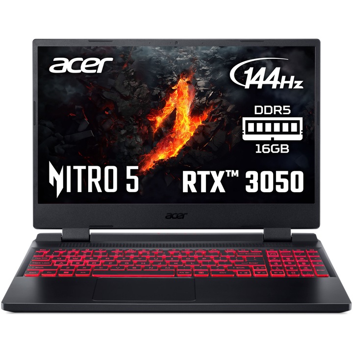 Acer Nitro 5 AN515-46 15,6" FHD 144Hz Gaming laptop, AMD Ryzen™ 7 6800H, 16GB RAM, 512GB SSD, Nvidia GeForce RTX 3050 4GB, NoOS, Nemzetközi angol billentyűzet, Fekete