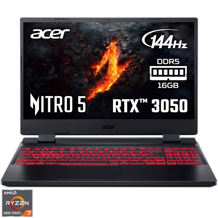 Laptop Gaming Acer Nitro 5 AN515-46 cu procesor AMD Ryzen™ 7 6800H pana la 4.7 GHz, 15.6'', Full HD, IPS, 144 Hz, 16GB DDR5, 512GB SSD, GeForce RTX 3050 4GB, No OS, Obsidian Black