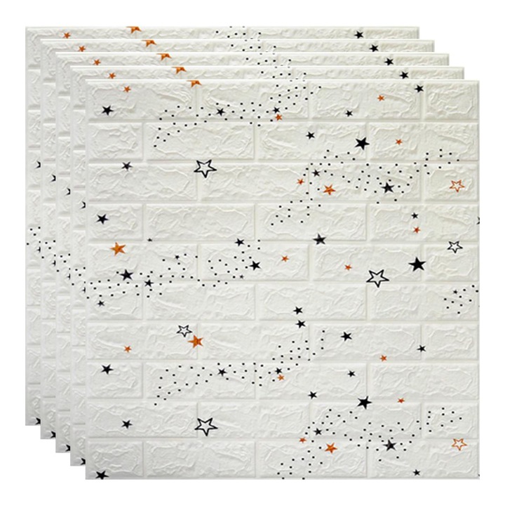 Set 5x Tapet 3D, autoadeziv/autocolant, spuma moale, design modern, pentru interior, usor de curatat, rezistent la apa, dimensiuni 70 cm x 70 cm x 0,3 cm, design stelute, Alb, Selling Depot