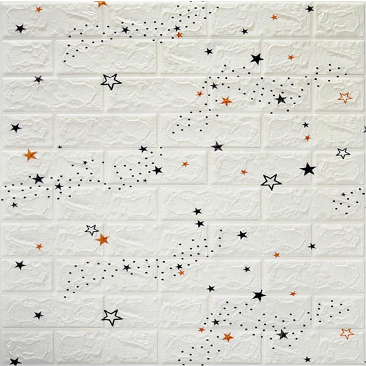 Tapet 3D, autoadeziv/autocolant, spuma moale, design modern, pentru interior, usor de curatat, rezistent la apa, dimensiuni 70 cm x 70 cm x 0,3 cm, design stelute, Alb, Selling Depot