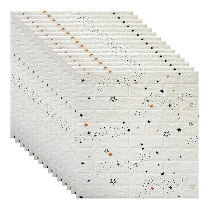 Set 15x Tapet 3D, autoadeziv/autocolant, spuma moale, design modern, pentru interior, usor de curatat, rezistent la apa, dimensiuni 70 cm x 70 cm x 0,3 cm, design stelute, Alb, Selling Depot