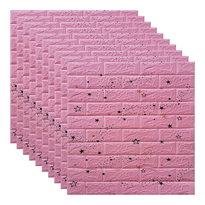 Set 10x Tapet 3D, autoadeziv/autocolant, spuma moale, design modern, pentru interior, usor de curatat, rezistent la apa, dimensiuni 70 cm x 70 cm x 0,3 cm, design stelute, Roz, Selling Depot