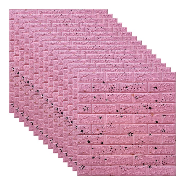 Set 15x Tapet 3D, autoadeziv/autocolant, spuma moale, design modern, pentru interior, usor de curatat, rezistent la apa, dimensiuni 70 cm x 70 cm x 0,3 cm, design stelute, Roz, RIF REFCO ®