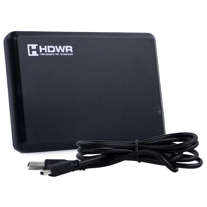 Scanner RFID, cu fir, scanare automata, viteza de scanare de pana la 200 ms, frecventa de operare 13,56 MHz, sursa de alimentare USB DC 5V, interfata USB, lungime cablu 140 cm, dimensiuni 94 x 60 x 10 mm, design elegant, negru, HDWR, HD-RD20XC