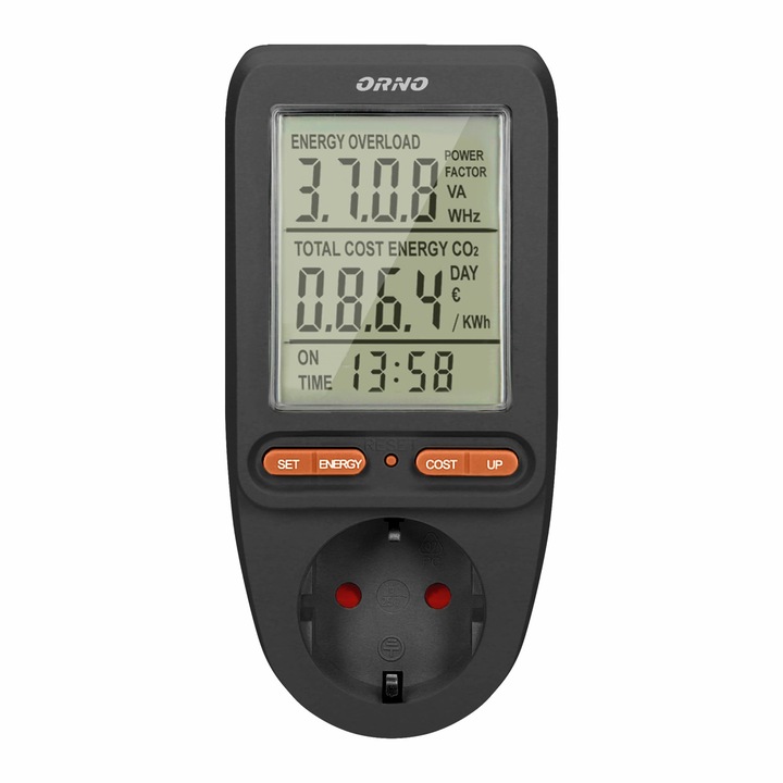 ORNO OR-WAT-435(GS)/B Fogyasztásmérő konnektor aljzat, schuko, 3680W, IP20, 16A, 230V, fekete