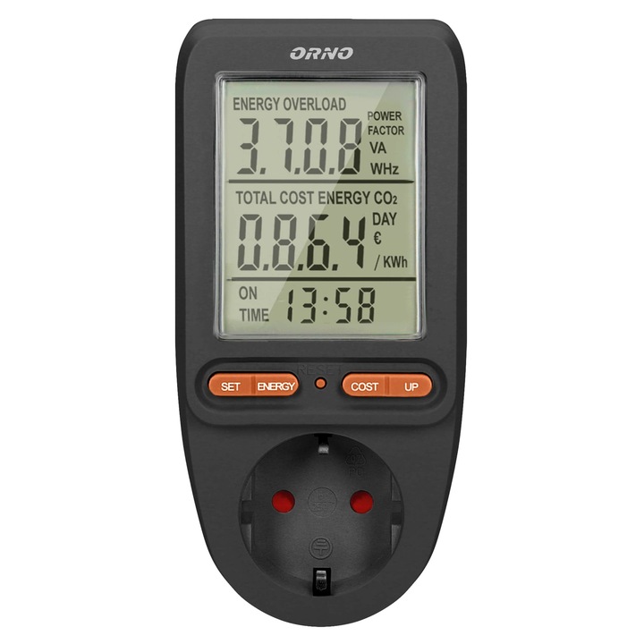 Priza cu contor consum curent/energie ORNO OR-WAT-435(GS)/B, afisaj digital, 16A, 3680W, negru