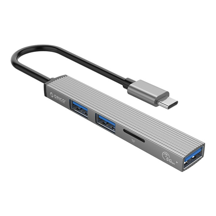 USB хъб, Orico, Алуминиева сплав, 1 x USB 3.0, 2 x USB 2.0, 1 x TF, 88 x 15 x 7.5 mm, 15 cm, Сив
