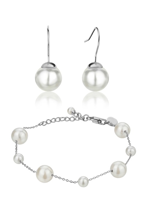 Isabella Ford, Set de cercei si bratara cu perle, Alb, Argintiu
