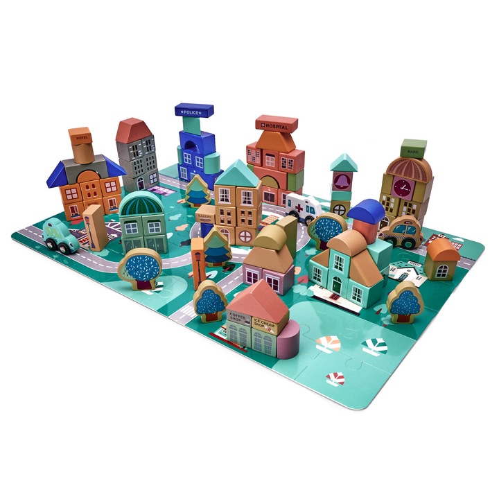 Конструктор с кубчета ISP "Likesmart Puzzle City 6194", Дърво, 133 части, Пъзел, 48 части