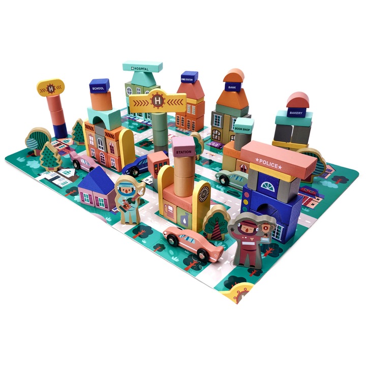 Конструктор ISP "Likesmart Puzzle City 6195", С кубчета, Дървен, Развива интелигентността и сръчността, 112 части и пъзел от 48 части