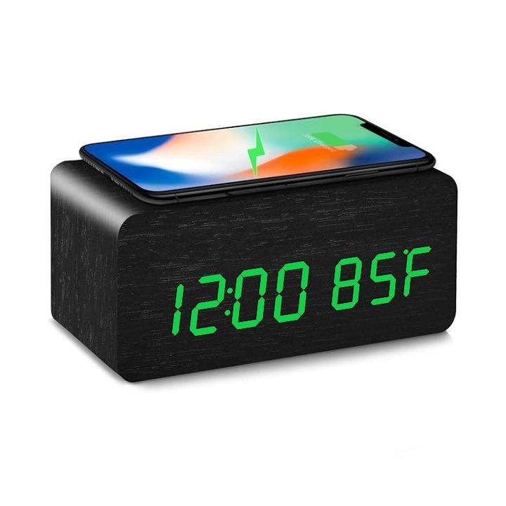 Ceas Digital de Masa cu Incarcare Wireless – Afisaj LED Verde, Temperatura, Alarma, Comanda Vocala, 3 Trepte de Lumina, Dimensiuni 170x81x71 mm, Negru