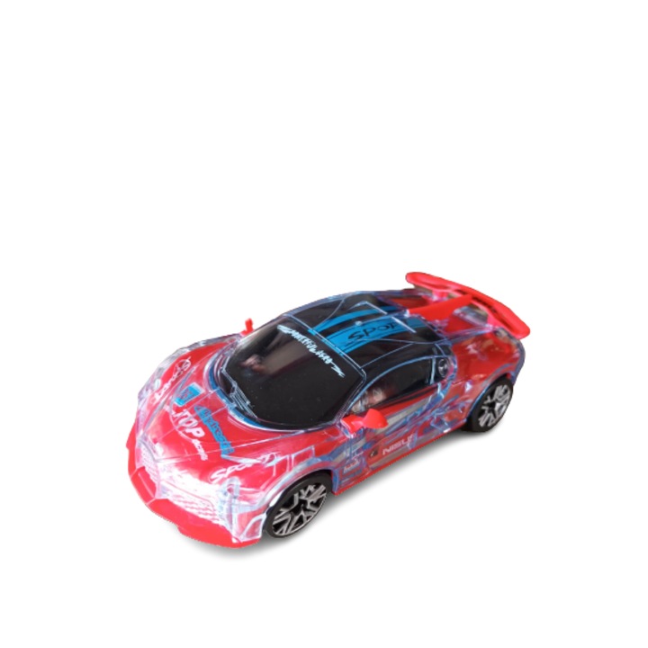 Masinuta interactiva, Buggati, rosu si transparent - turcoaz, cu melodii si lumini, 16cm, functia bump&go, +3 ani