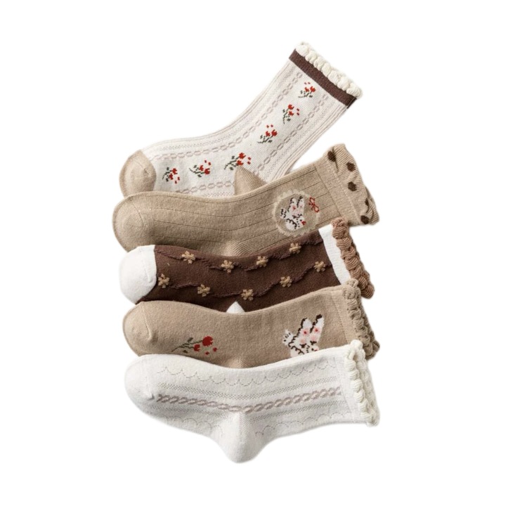Комплект от 5 чифта чорапи за момичета 4-7 години кафяви/бежови с флорални мотиви 27-32 EU