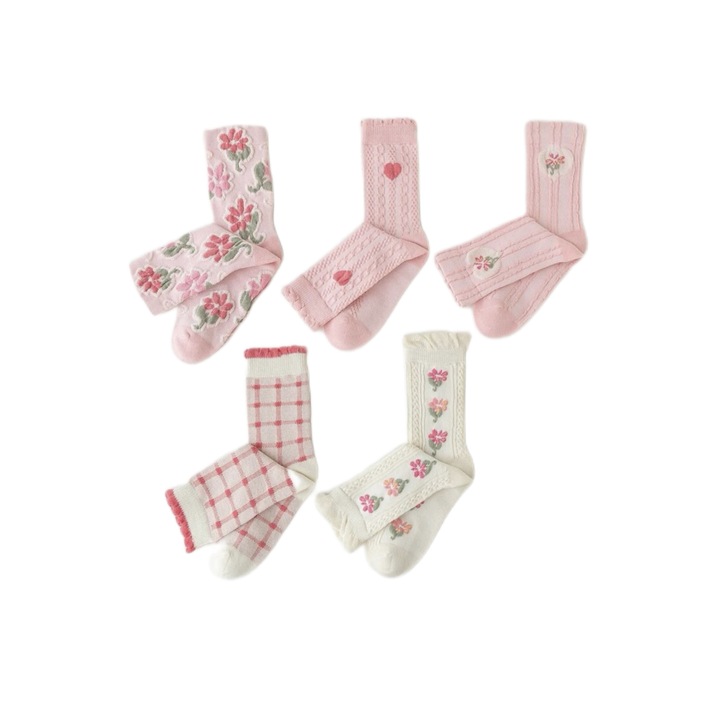 Комплект от 5 чифта чорапи за момичета, розови с мотиви на цветя/сърца, 4-7 години, 27-32 EU