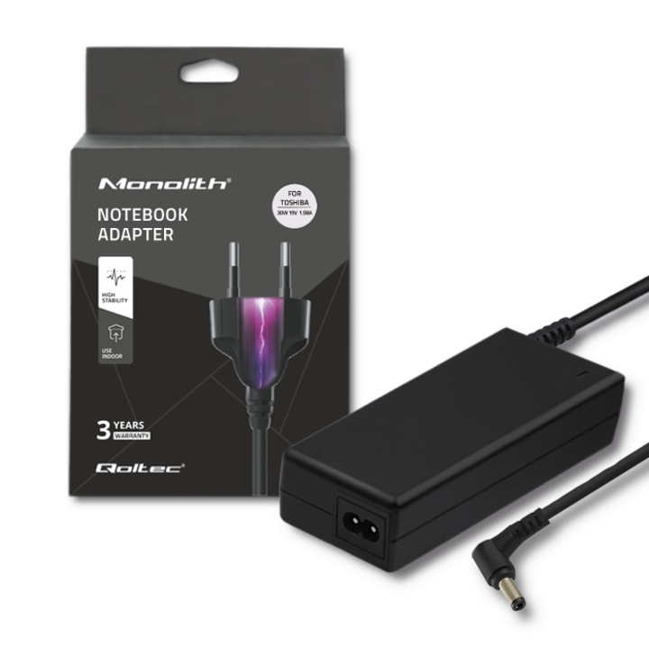 AC adapter, Qoltec, Toshibahez, 30W, 19V, 1.58A, 5.5*2.5, + hálózati kábel