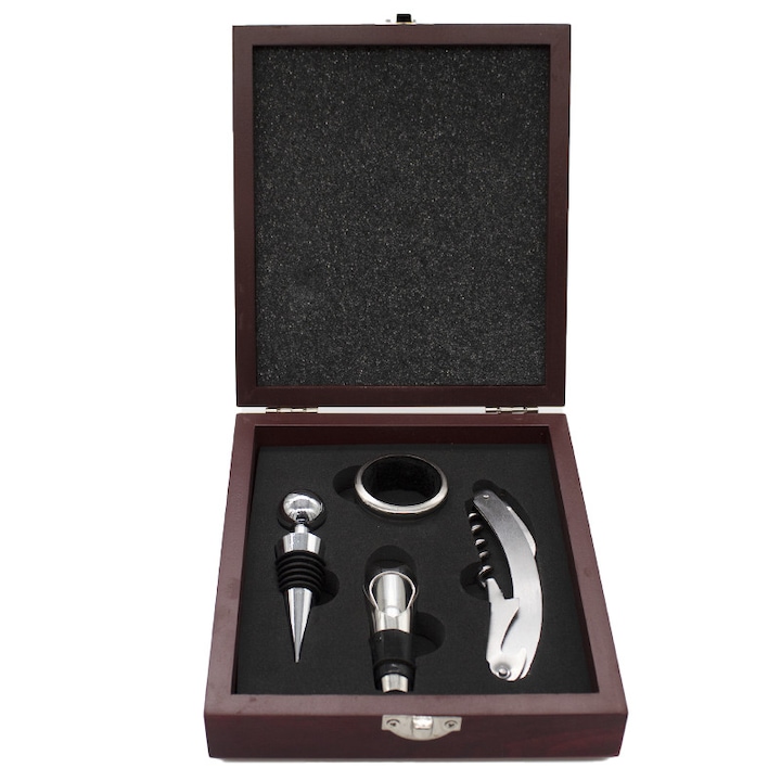 Cutie din lemn cu 4 accesorii pentru desfacerea sticlei cu vin, 18x15cm, Velve, Maro