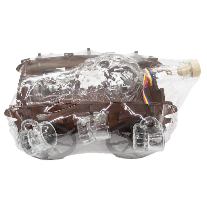 Set cadou, suport din lemn in forma de trasura cu sticla si 6 pahare, 28x14, Velve, Maro