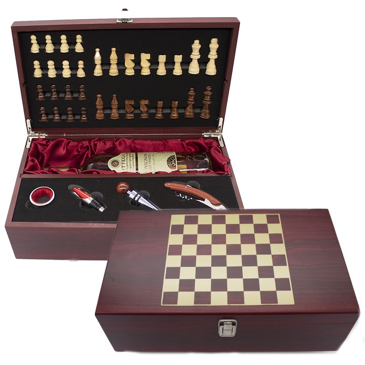 Set cadou King, cutie din lemn cu piese pentru sah, 4 accesorii de Vin si sticla de vin Bottega sauvignon Delle Venezie, 36 x 21 cm, Velve, Maro