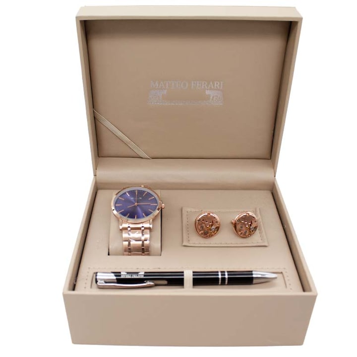 Комплект от три части за мъже, Matteo, кутия с часовник, копчета за ръкавели и метална химикалка, 15x18x8 см, Velve, Rose gold