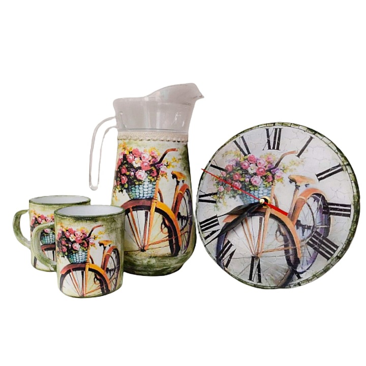 Set bucatarie, ceas, o carafa 1L, 2 cani 200ml