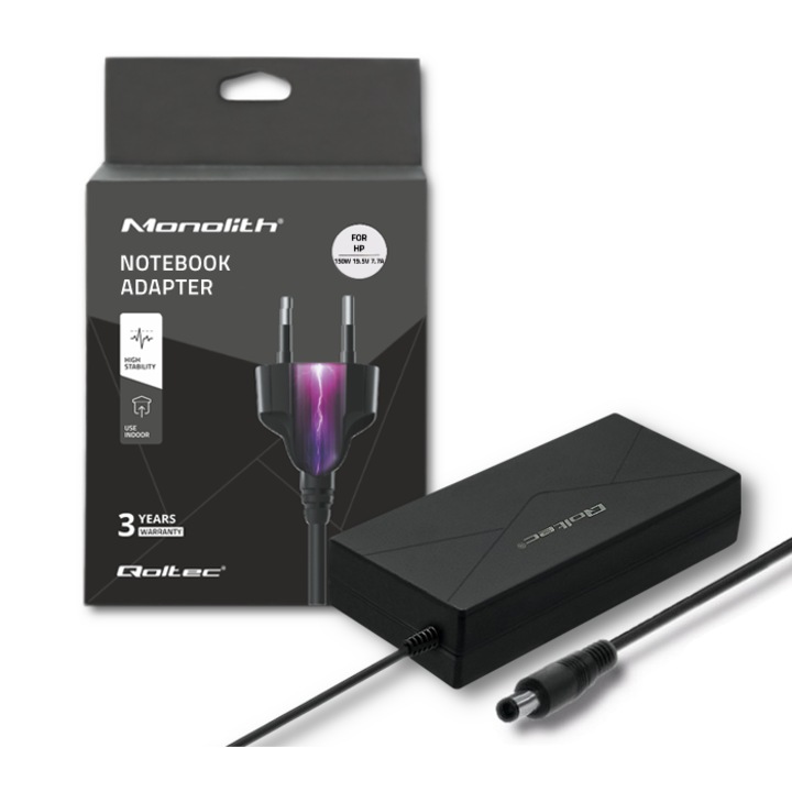 Incarcator Laptop Gaming Qoltec 51729, Adaptor Alimentare 150W, 19.5V, 7.7A, Conector 7.4x5.0mm + Pin, Cu Cablu, Compatibil HP Pavilion Omen ZBook EliteBook, Siguranta si Performanta Maxima