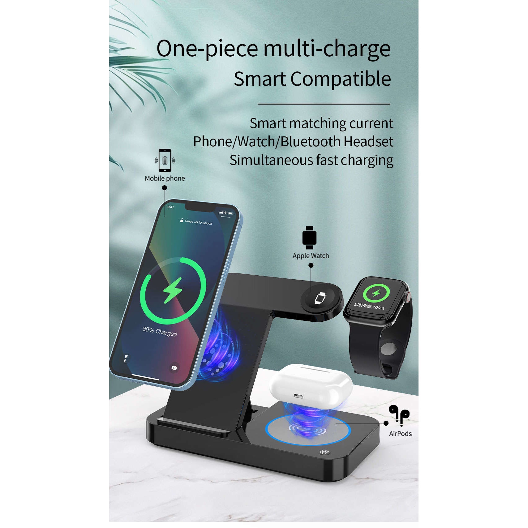 Безжично зарядно B18, зарядна станция 4 в 1, Qi Fast Charger 15W, бързо ...