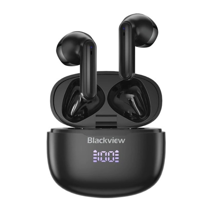 Félig-in-ear vezeték nélküli fejhallgató Blackview AirBuds 7 TWS Fekete töltődobozzal, LED kijelzővel, Touch vezérléssel, Vezeték nélküli töltés, ENC, DNS