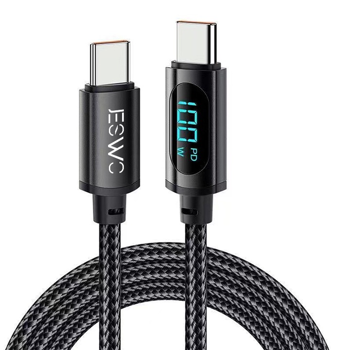 USB-C кабел, JESWO, Бързо зареждане, LED дисплей, 100 W, 2м, Черен