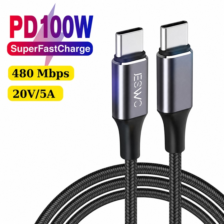 Cablu Date si Incarcare, JESWO®, USB-C la USB-C, 2m, PD 100W, 480Mbps, Fast Charging, pentru dispozitive Type-C, Negru