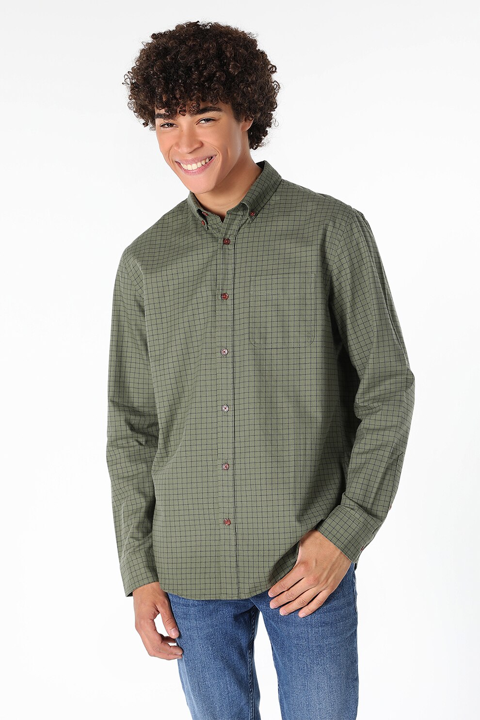 COLIN'S, Camasa oxford cu model in carouri si buzunar pe piept, Sparanghel, S