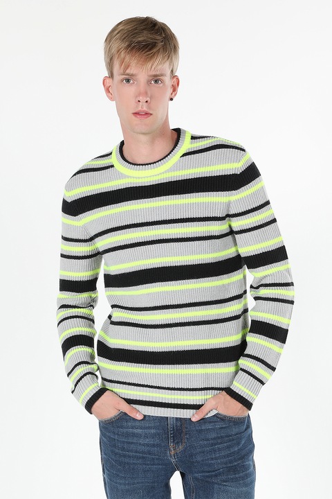 COLIN'S, Pulover cu model in dungi, Verde/Negru/Gri deschis