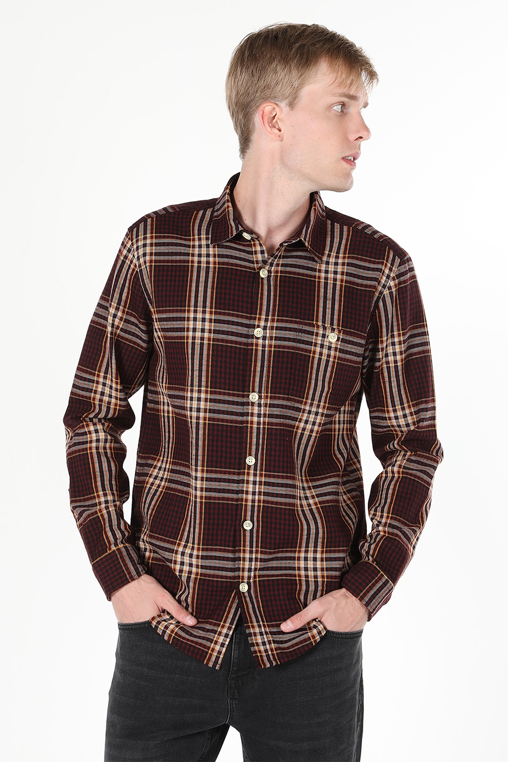 COLIN'S, Camasa cu maneci lungi si model in carouri, Rosu inchis, Galben, Negru, S