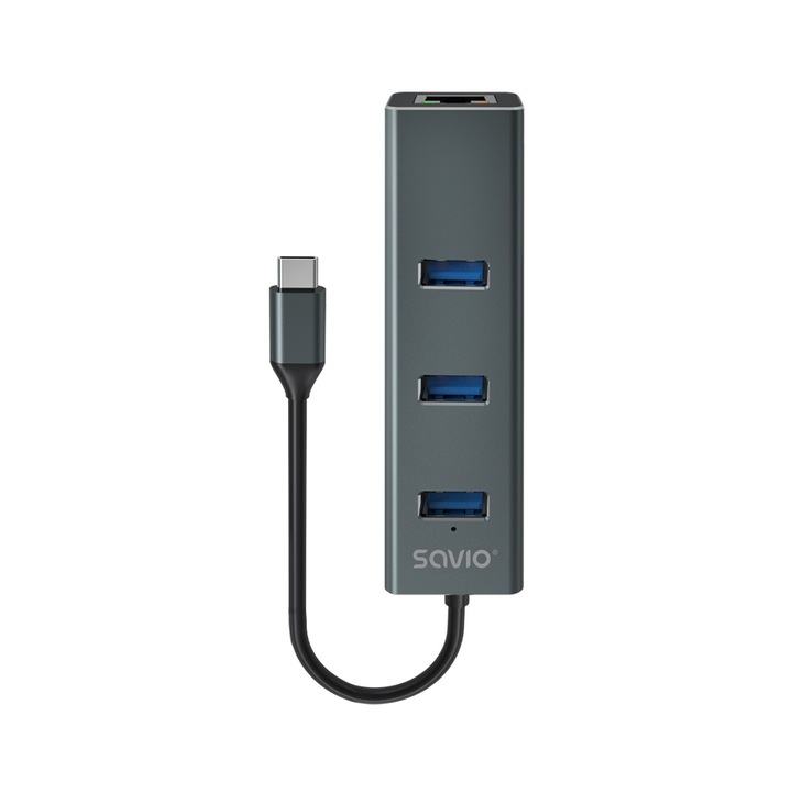 Hub SAVIO AK-57, 3 porturi USB-C 3.1 Gen 1 cu adaptor RJ-45 Gigabit Ethernet