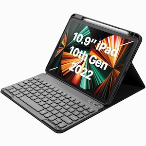 Husa cu tastatura pentru iPad Apple, Zoopie®, compatibil cu tableta iPad 10th Gen 2022, 10.9", tastatura wireless iluminata in 7 culori, Bluetooth 5.3, USB-C, suport stylus pen, negru