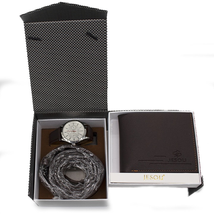 Set cadou pentru barbati JESOU COLLECTION, cutie cu ceas, portofel si curea 15x13 cm, Velve, Maro inchis